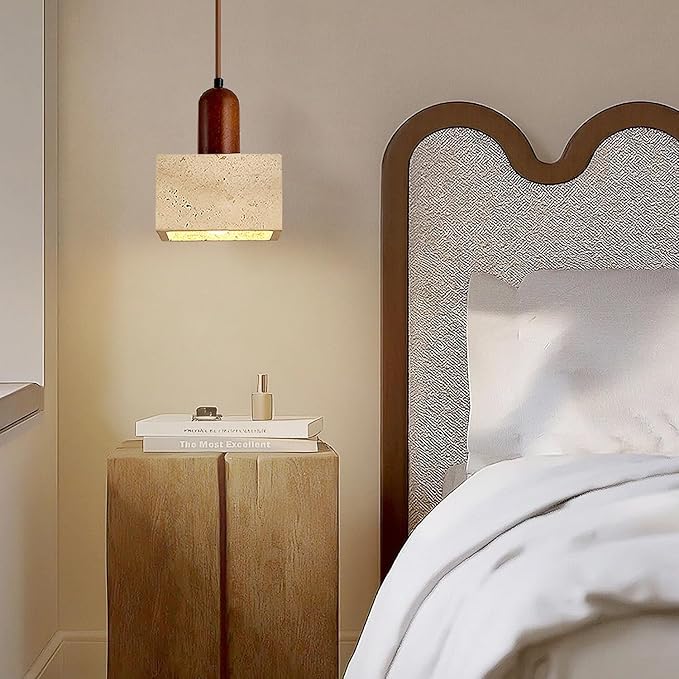 Japanese Wabi sabi Pendant Light with Natural Stone Shade, Dimmable Modern Wood Hanging Lamp Fixture, Adjustable Height Pendant Lamp for Bedroom, Kitchen Island, Dining Room, Restaurant, Cafe, Bar (K)