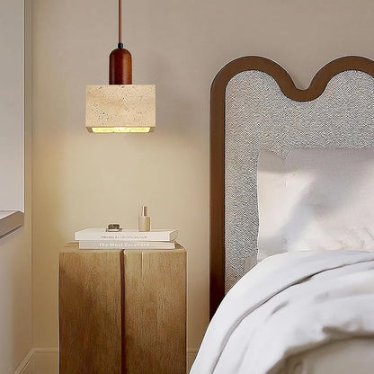 Japanese Wabi sabi Pendant Light with Natural Stone Shade, Dimmable Modern Wood Hanging Lamp Fixture, Adjustable Height Pendant Lamp for Bedroom, Kitchen Island, Dining Room, Restaurant, Cafe, Bar (K)