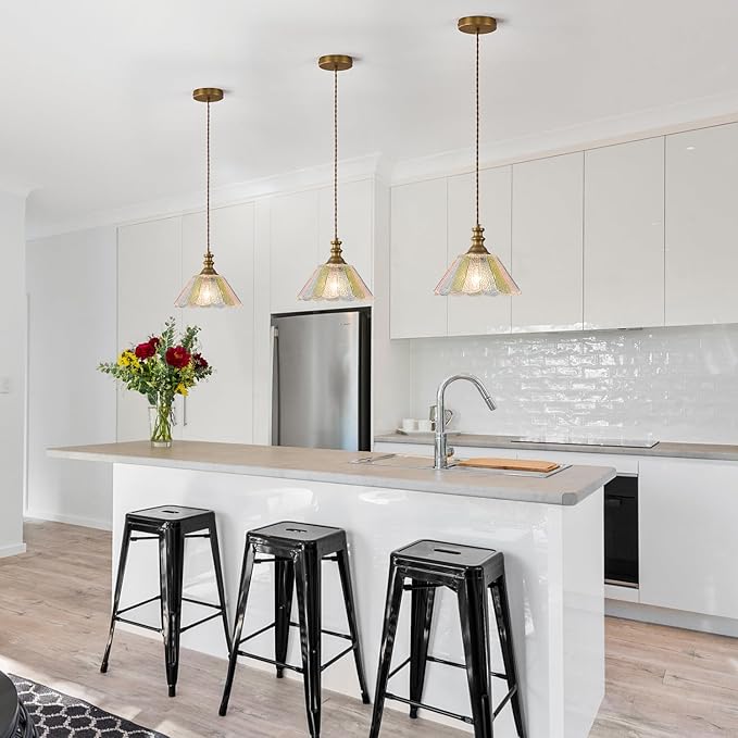 10.62-inch Hanging Light Fixture for Kitchen, Single-Light Island Pendant with Painted Glass Shade and Brass Finish, E26 Socket, Kitchen Island Pendant Light (Bulb not Included)