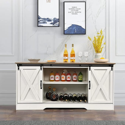 4 EVER WINNER Farmhouse Coffee Bar Cabinet, 59" Buffet Cabinet with Storage & Sliding Barn Doors, Kitchen Storage Cabinet, Coffee Station, Living Dining Room, White