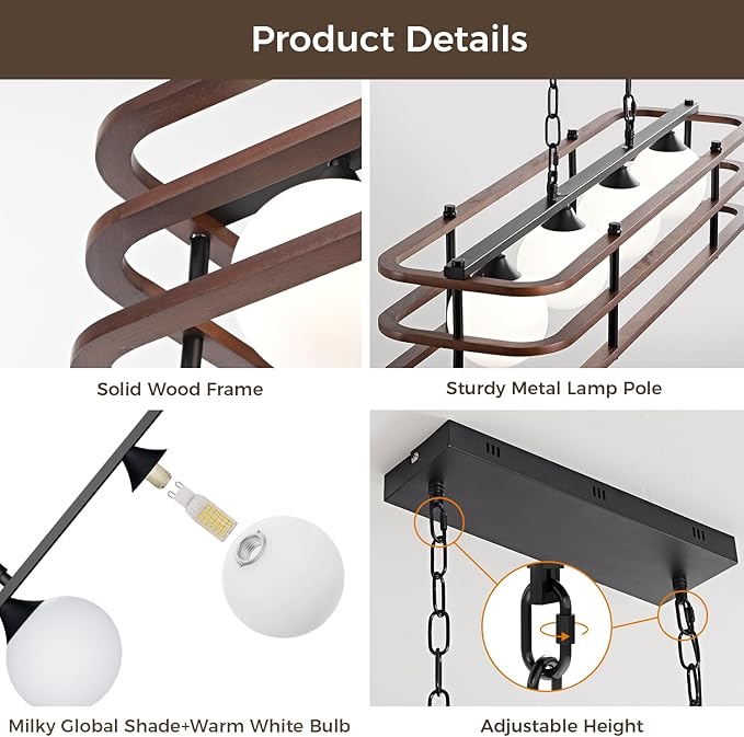 35.4" Farmhouse Dining Room Light Fixture, 4-Light Kitchen Island Lighting, Rustic Rectangular Chandeliers for Kitchen Island, Wood Linear Pendant Light Over Table