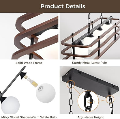 35.4" Farmhouse Dining Room Light Fixture, 4-Light Kitchen Island Lighting, Rustic Rectangular Chandeliers for Kitchen Island, Wood Linear Pendant Light Over Table