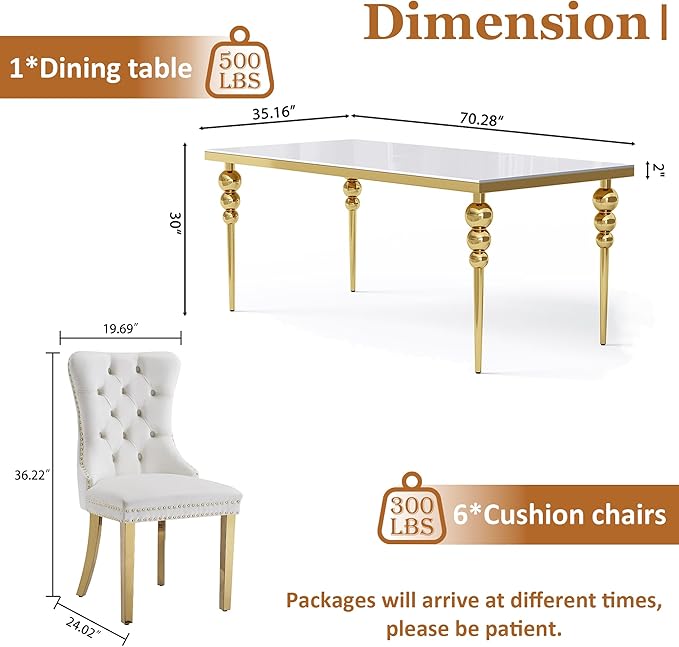 7 Piece Glass Dining Table Set, Modern 70 Inch Gold Rectangular Glass Kitchen Table, 6 Beige Exquisite Velvet Cushion Chairs for Living Room, Restaurant (White-Top)