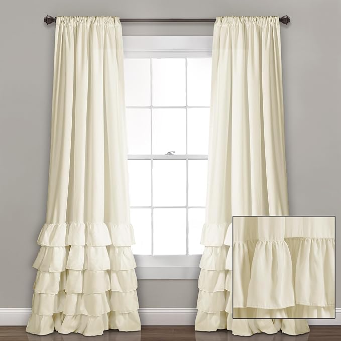 Lush Decor Kemmy Light Filtering Window Curtain Panel Single 52" W x 95" L Ivory - Drapes - Ruffled Curtains for Bedroom - Cream Curtains - Coquette Decor