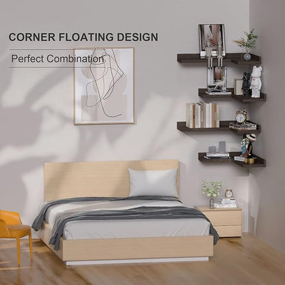 4 Tier Corner Floating Shelves Set of 4, Rustic Pine Corner Shelves for Wall Storage and Decor, L-Shaped Corner Wall Mounted Shelf for Bedroom, Living Room, Bathroom, Kitchen – Dark Brown
