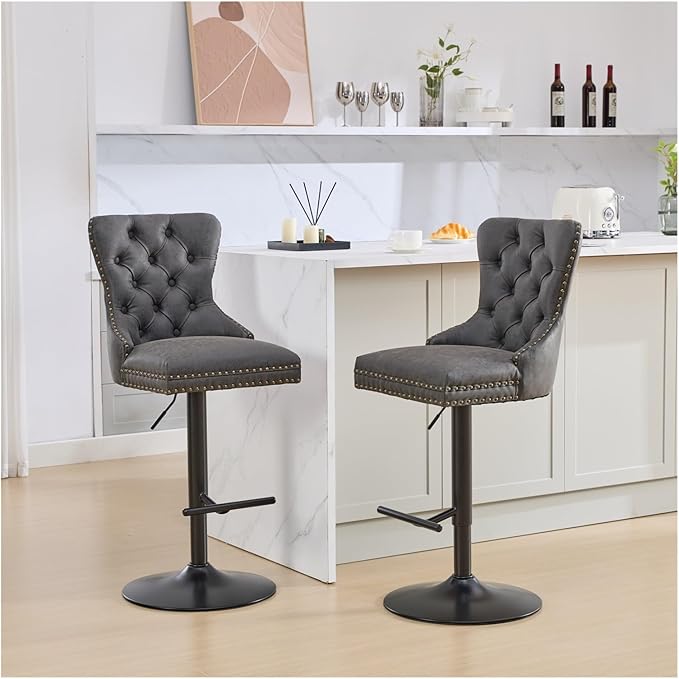 Aged and Retro PU Swivel Barstools Adjusatble Seat Height from 26-33 Inch, Modern Bar Stools with Backs Comfortable Tufted for Home Pub and Kitchen Island