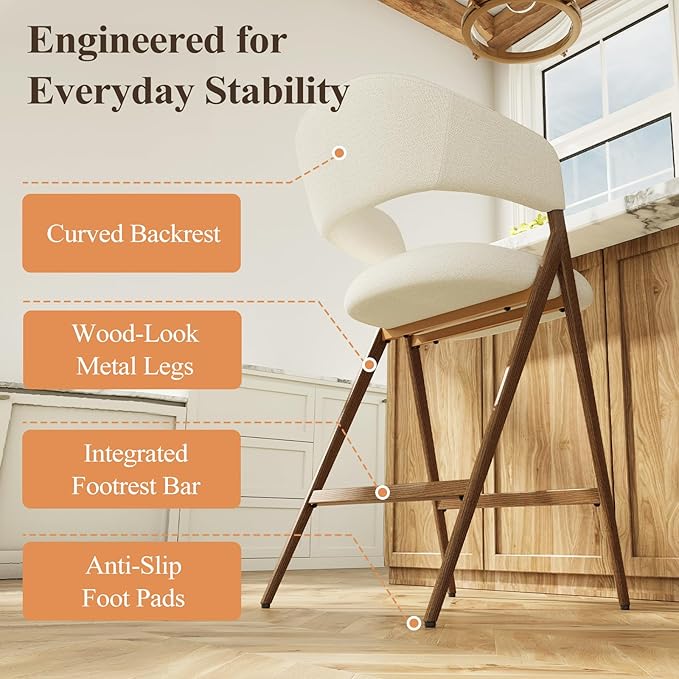 COLAMY Bar Stools Set of 6, Counter Height Bar Stools with Backs and Arms, Modern Upholstered Island Stools with Metal Legs for Kitchen Island, Counter, Dining Room, Beige