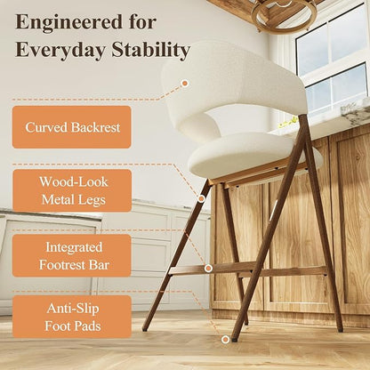 COLAMY Bar Stools Set of 4, Counter Height Bar Stools with Backs and Arms, Modern Upholstered Island Stools with Metal Legs for Kitchen Island, Counter, Dining Room, Beige