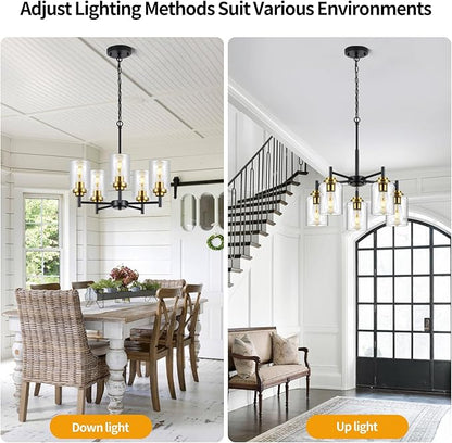 9MMML 5 Lights Glass Chandelier,Modern Kitchen Island Lighting Black and Gold Metal Dining Room Light Fixture for Living Room Foyer,E26