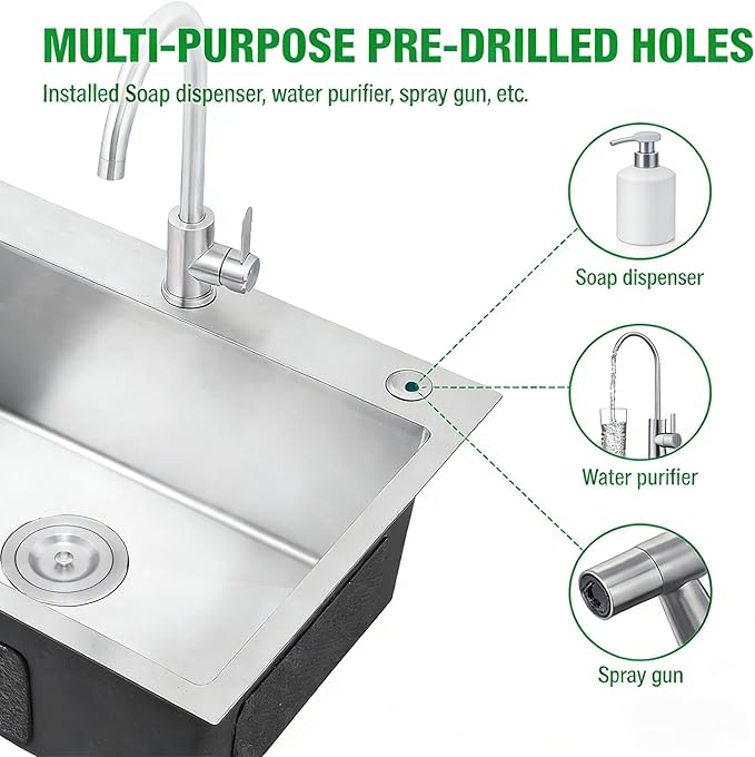 30-inch Single Bowl Workstation Kitchen Sink, Drop-in/Top-Mount Stainless Steel with Nano Coating & Basket Strainer, 30"x18"
