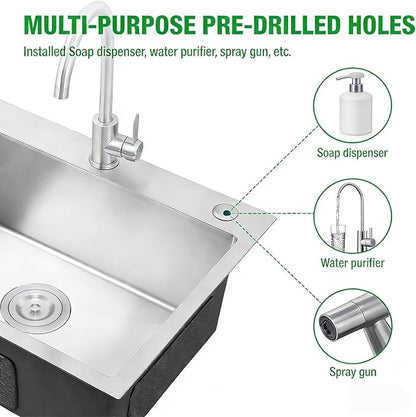 30-inch Single Bowl Workstation Kitchen Sink, Drop-in/Top-Mount Stainless Steel with Nano Coating & Basket Strainer, 30"x18"