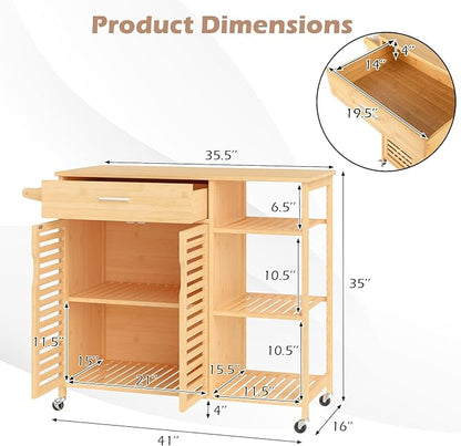 Giantex Bamboo Kitchen Island Cart, Mobile Serving Cart with Drawer, 2-Door Storage Cabinet, 3-Tier Shelves & Towel Rack, Rolling Utility Trolley for Dining Room (Natural)
