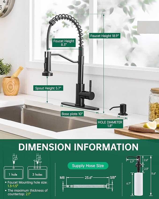 AIMADI Black Kitchen Faucet with Soap Dispenser and Pull Down Sprayer, Matte Black Commercial Spring Single Handle Stainless Steel Sink Faucet for Farmhouse Camper Laundry Rv Bar
