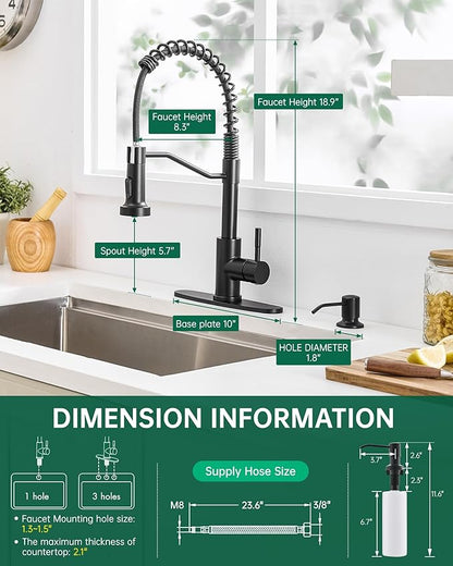 AIMADI Black Kitchen Faucet with Soap Dispenser and Pull Down Sprayer, Matte Black Commercial Spring Single Handle Stainless Steel Sink Faucet for Farmhouse Camper Laundry Rv Bar