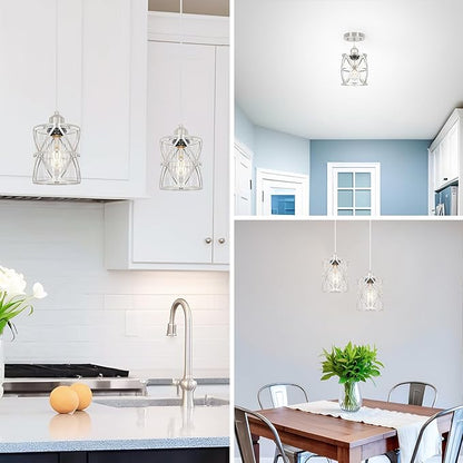 Brushed Nickel Pendant Lights for Kitchen Island, 2 Pack Adjustable Bathroom Pendant Light, Modern Hanging Lights with Clear Glass for Dining Room Island Sink, E26 Base,5.51'' Shade 59.06''Cord