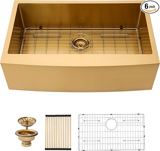 Lordear 30 Inch Gold Farmhouse Sink 30X21 Kitchen Sink Apron Front 16 Gauge Stainless Steel Matte Gold Deep Single Bowl Farm Sinks Basin