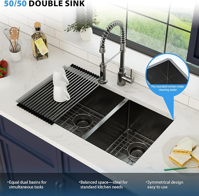 33 Inch Black Undermount Double Sink 16 Gague Stainless Steel Double Undermount Kitchen Sinks 60/40 Large Deep Double Bowl Kitchen Sinks 33"x19"x10"