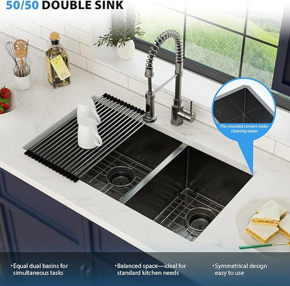 33 Inch Black Undermount Double Sink 16 Gague Stainless Steel Double Undermount Kitchen Sinks 60/40 Large Deep Double Bowl Kitchen Sinks 33"x19"x10"
