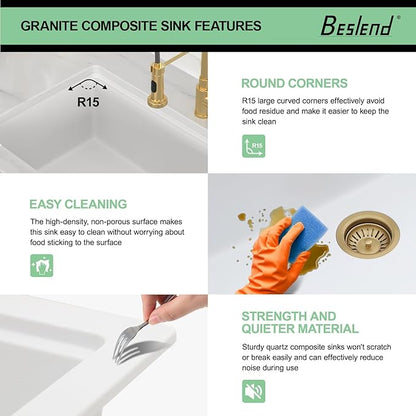 30 Inch White Undermount Kitchen Sink - Beslend 30x19x10 Inch Granite Composite Undermount Sink Under counter Quartz Workstation Sinks with Single Ledge Elegant Single Bowl Dish Basin