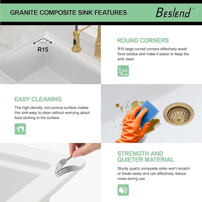 33 Inch Granite White Kitchen Sink - Beslend 33x19x10 Inch White Granite Composite Kitchen Sinks Undermount Quartz Sink Ledge Workstation Classic Under Counter Single Bowl Sink Basin