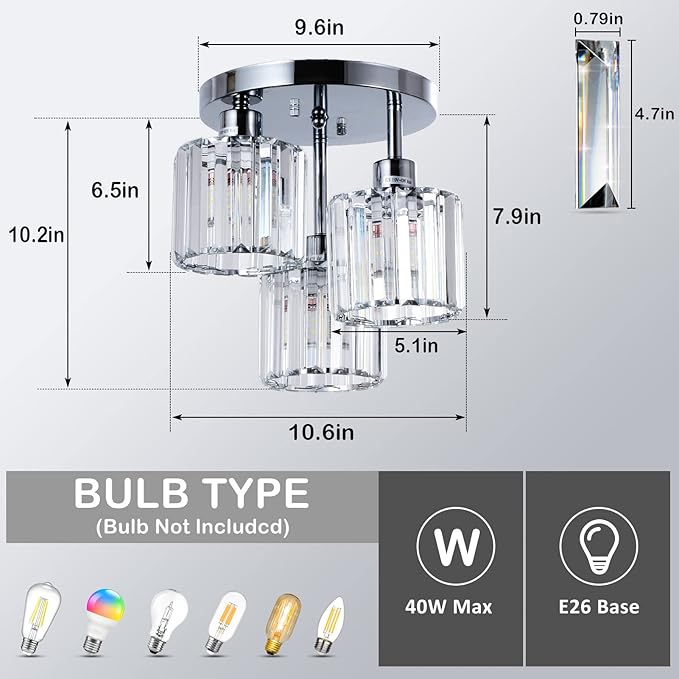 PAUFUL Semi Flush Mount Ceiling Light,3-Light Modern Close to Ceiling Light Fixtures,Kitchen Light with Clear Crystal Shades, Hallway Light Fixtures for Kitchen Entryway Bedroom Bathroom Foyer