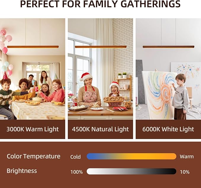 Wood Linear Pendant Light,47'' Dimmable Kitchen Island Lighting with Remote,28W LED Island Lights for Kitchen, Adjustable Linear Chandelier for Dinning Light Fixture,Pool Table Light Wood