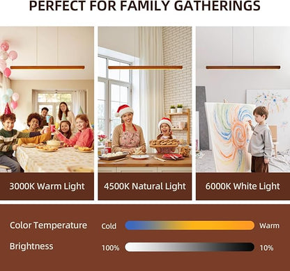 Wood Linear Pendant Light,47'' Dimmable Kitchen Island Lighting with Remote,28W LED Island Lights for Kitchen, Adjustable Linear Chandelier for Dinning Light Fixture,Pool Table Light Wood