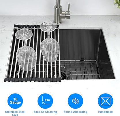 PEPO 23 Inch Undermount Kitchen Sink Black 23x18 Inch 16 Gauge Gunmetal Black Stainless Steel Single Bowl Bar Prep Sink for Outdoor Kitchen