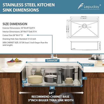 30 Undermount Kitchen Sink 30 ×19 X 9 Inch Stainless Steel Workstation Sinks 16 Gauge Single Bowl 9'' Deep Handmade Basin with Complete Accessories