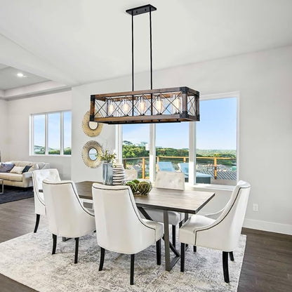 WJShome 35" Farmhouse Chandelier, 5-Light Kitchen Island Lighting, Modern Rectangular Dining Room Light Fixture, Rustic Wooden Chandeliers, Linear Pendant Light, with Clean Glass Shade