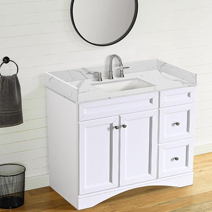 42 in.W x 22 in.D Quartz Calacatta River Vanity Top,with Undermount Middle Sink Vanity Top,with Two Sidesplash & One Backsplash,8 Inch Faucet Hole Spread Bathroom Vanity Sink Countertop