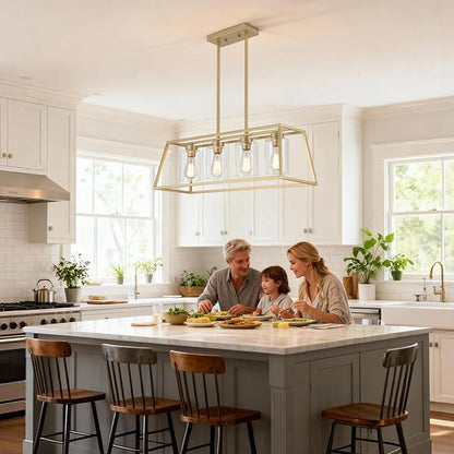 4-Light Gold Chandeliers for Dining Room | Modern Kitchen Island Light Fixture | Rectangle Chandelier for with Clear Glass Shade | Apply to Dining Room Light fixtures Over Table