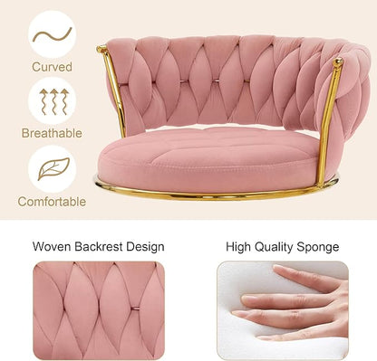 VECELO Bar Stools Set of 4, Adjustable Barstools Counter Height Stools with Back and Arm, Velvet Woven Kitchen Island Stools w/Gold Metal Leg Base, 360° Swivel Bar Stools, Pink