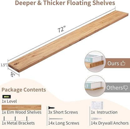 Axeman Rustic Elm Wood Floating Shelves - 72'' W x 8" D Wall Mantel Shelf with Invisible Bracket, Large Long Wall Mounted Storage Shelves for Living Room, Bedroom, Kitchen, Bathroom, Natural