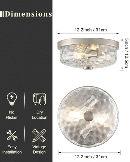 12 Inch Farmhouse Flush Mount Ceiling Light, 2 Light Industrial Close to Ceiling Light, Industrial Ceiling Lighting Fixture for Kitchen Hallway Bedroom Living Room (12.2 Inch Brushed Nickel)