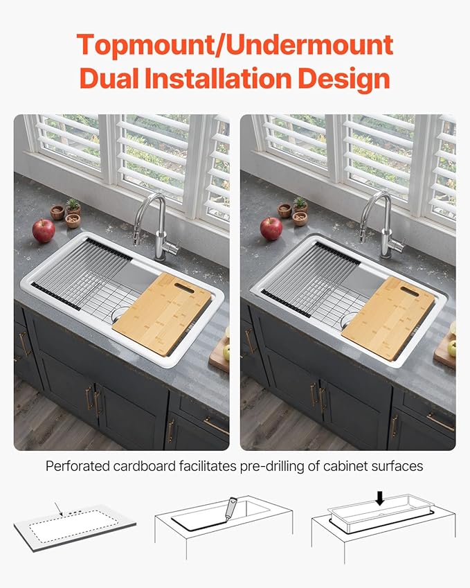 VEVOR 33x19 inch Farmhouse Sink, White Sink Workstation, Fireclay Topmount Undermount Basin, Drop-In Single Bowl Basin with Multiple Accessories, Large Capacity Household Dishwasher Sinks for Kitchen