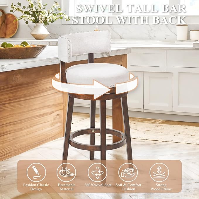 COLAMY Swivel Bar Stool Set of 2, Bar Height Bar Chair, Modern Barstool with Back, Upholstered Wood Barstool for Kitchen Island Dining Room, Beige