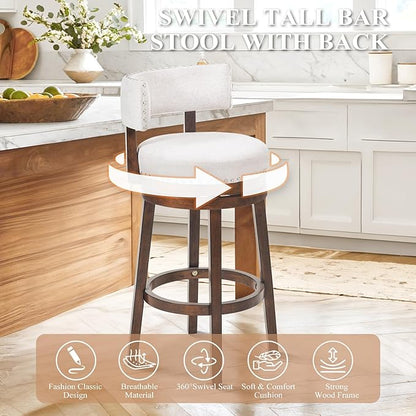 COLAMY Swivel Bar Stools Set of 4, Swivel Counter Height Barstools, 30 Inch Upholstered Barstools for Kitchen Island Dining Room Bar, Beige