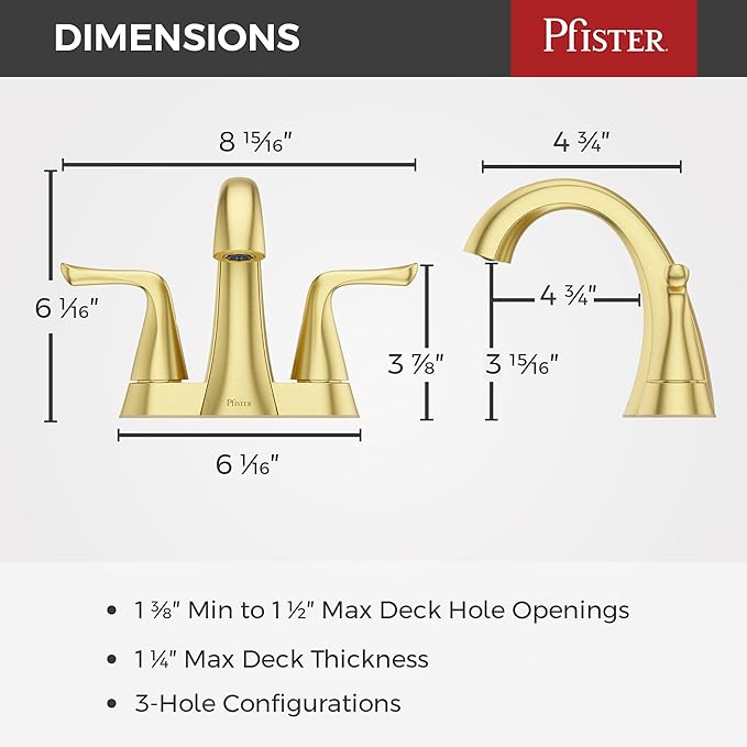 Pfister Willa Bathroom Sink Faucet 4 inch Centerset 2-Handle 3-Hole Vanity Faucet NSF Certified Brushed Gold Finish with Push & Seal Drain and TiteSeal Mounting Technology LF048MALBG