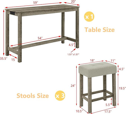 Merax 59" Bar Table Set with Power Outlet,Industrial Breakfast Table with 3 Upholstered Stools w/Footrest,4 Piece Counter Height Bar Table and Chair Set for Living Room,Dining Room,Kitchen,Brown