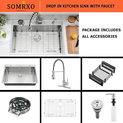30 Inch Drop In Kitchen Sink with Faucet Combo - Stainless Steel Drop In Sink with Cup Washer, 9 Inch Deep Single Bowl Kitchen Sinks and Faucets Combo Set,Top Mount Design for Modern Kitchens