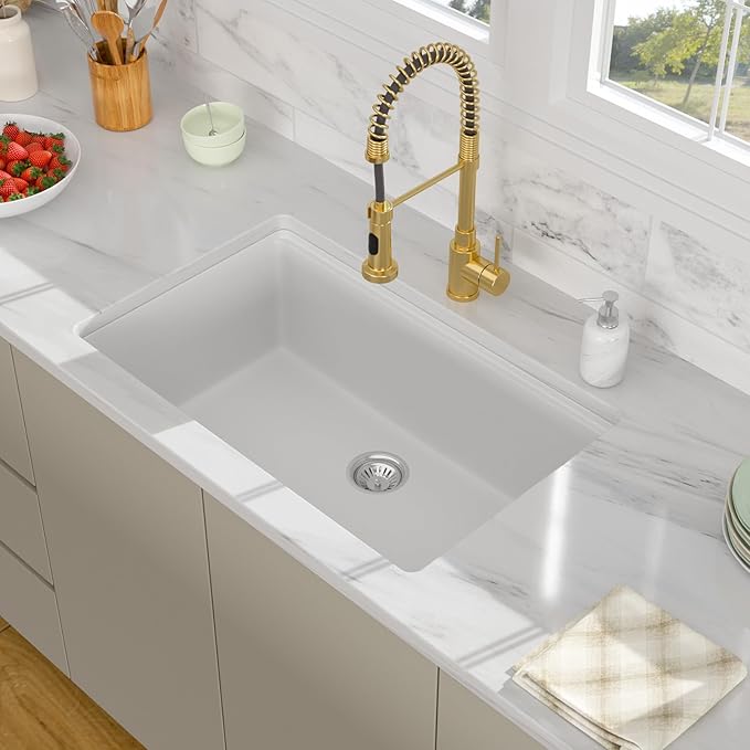 32 Granite Composite Kitchen Sink - 32x19 Inch White Granite Kitchen Sink Undermount White Quartz Sinks Ledge Workstation Classic Under Counter Single Bowl Basin