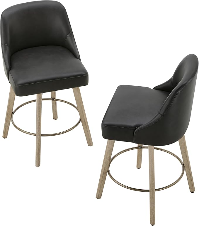 Counter Height Bar Stools Set of 4, Modern Swivel Barstools with Back and Wood Legs, Faux Leather Upholstered Bar Chairs, 26" Seat Height Counter Stools for Kitchen Island,Black