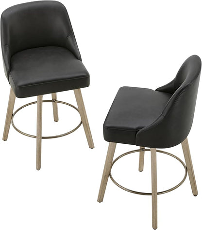 Counter Height Bar Stools Set of 4, Modern Swivel Barstools with Back and Wood Legs, Faux Leather Upholstered Bar Chairs, 26" Seat Height Counter Stools for Kitchen Island,Black