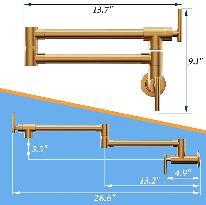 CENOSA Pot Filler Faucet Gold Commercial Wall Mount Stove Faucet Wall Mount Kitchen Sink Pot Filler Facuet