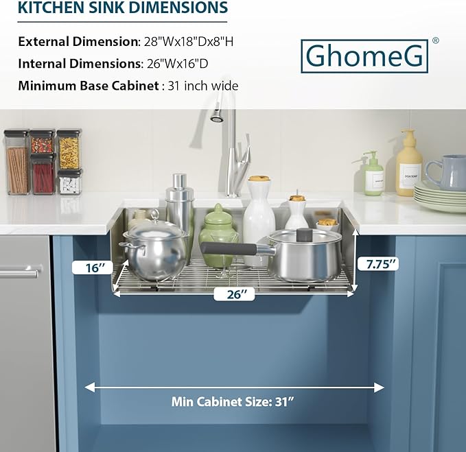 28 Undermount Kitchen Sink 28"x18"x8" Single Bowl 16 Gauge Stainless Steel Under Counter Single Bowl Kitchen Sinks Basin with Drain Strainer