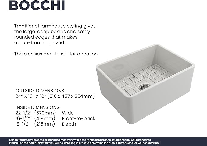 BOCCHI Classico Farmhouse Apron Front Fireclay 24 in. Single Bowl Kitchen Sink with Protective Bottom Grid and Strainer in White