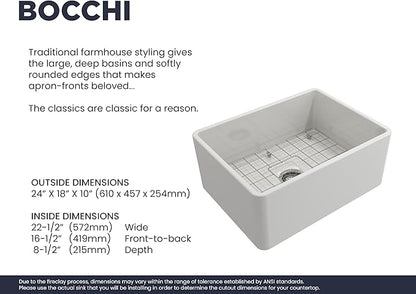 BOCCHI Classico Farmhouse Apron Front Fireclay 24 in. Single Bowl Kitchen Sink with Protective Bottom Grid and Strainer in White