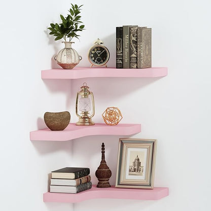 SAUMONIERES Corner Floating Shelves Wall Mount Shelf Solid Wood for Bedroom Bathroom Room Kitchen Storage Set of 3, Pink, Invisible Brackets