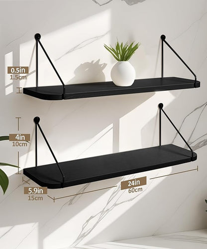 Afuly 24in Floating Shelves for Wall, Black Wooden Shelves with Triangular Brackets for Bathroom, Living Room, Bedroom, Kitchen, Home Wall Decor, Set of 2